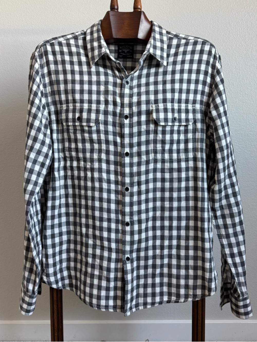 Lucky Brand Mens Large Plaid Button Down Shirt Gray White Cotton Classic Fit